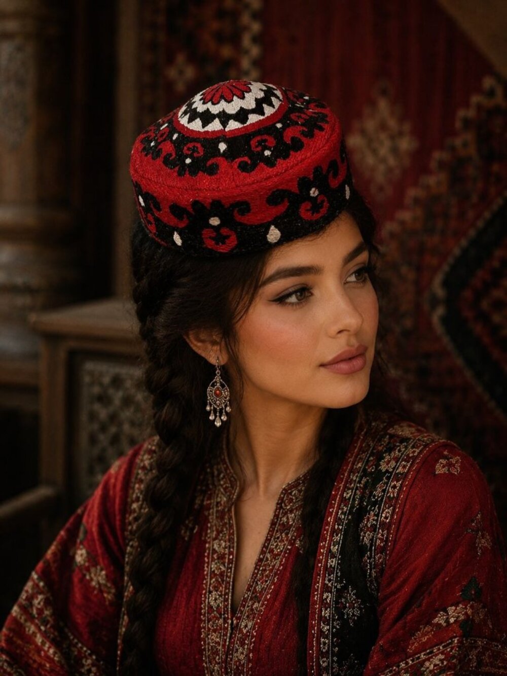 Bibi Hanum Embroidered Red & Black Hat With Floral Pattern